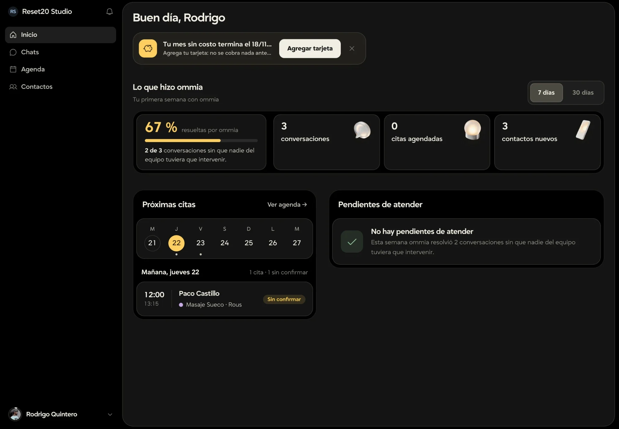 Panel de inicio de Ommia con lo que resolvió la IA en la semana y las próximas citas
