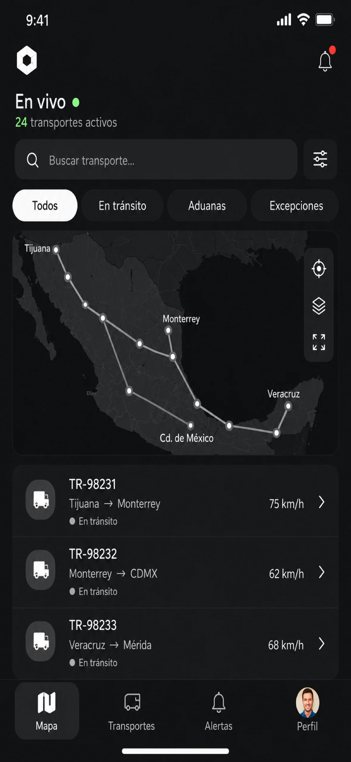 Visual de la plataforma de monitoreo aduanal y sus transportes
